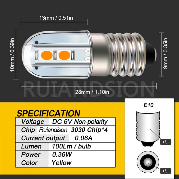 Ruiandsion E10 Mini Maglite Bulb Led Flashlight Bulbs 6V 3030 4SMD Chips Yellow Torch Bike Work Light Non Polarity