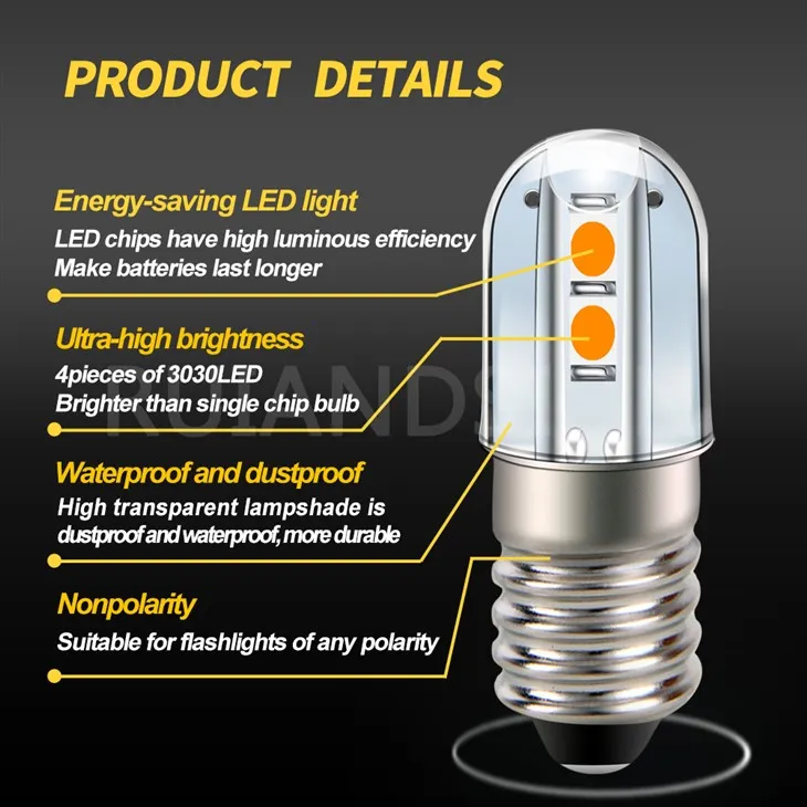 Ruiandsion E10 Mini Maglite Bulb Led Flashlight Bulbs 6V 3030 4SMD Chips Yellow Torch Bike Work Light Non Polarity